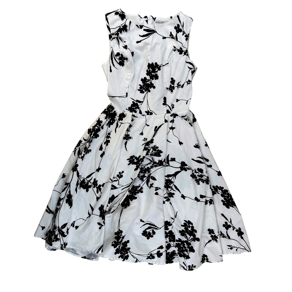 Floral Homecoming‎ Fit Flare Cotton Dress Black White Small Grace Karin